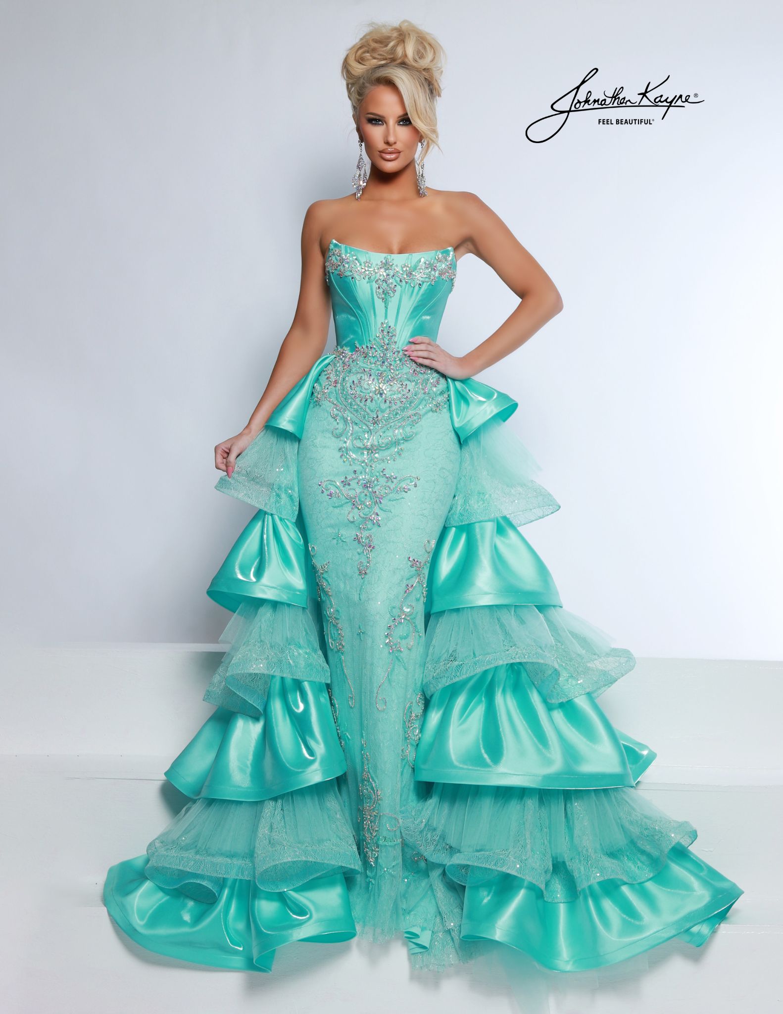 Aqua strapless fitted dress with overskirt with embellished corset bodice and cascading satin and tulle ruffles - perfect for pageants and homecoming court.